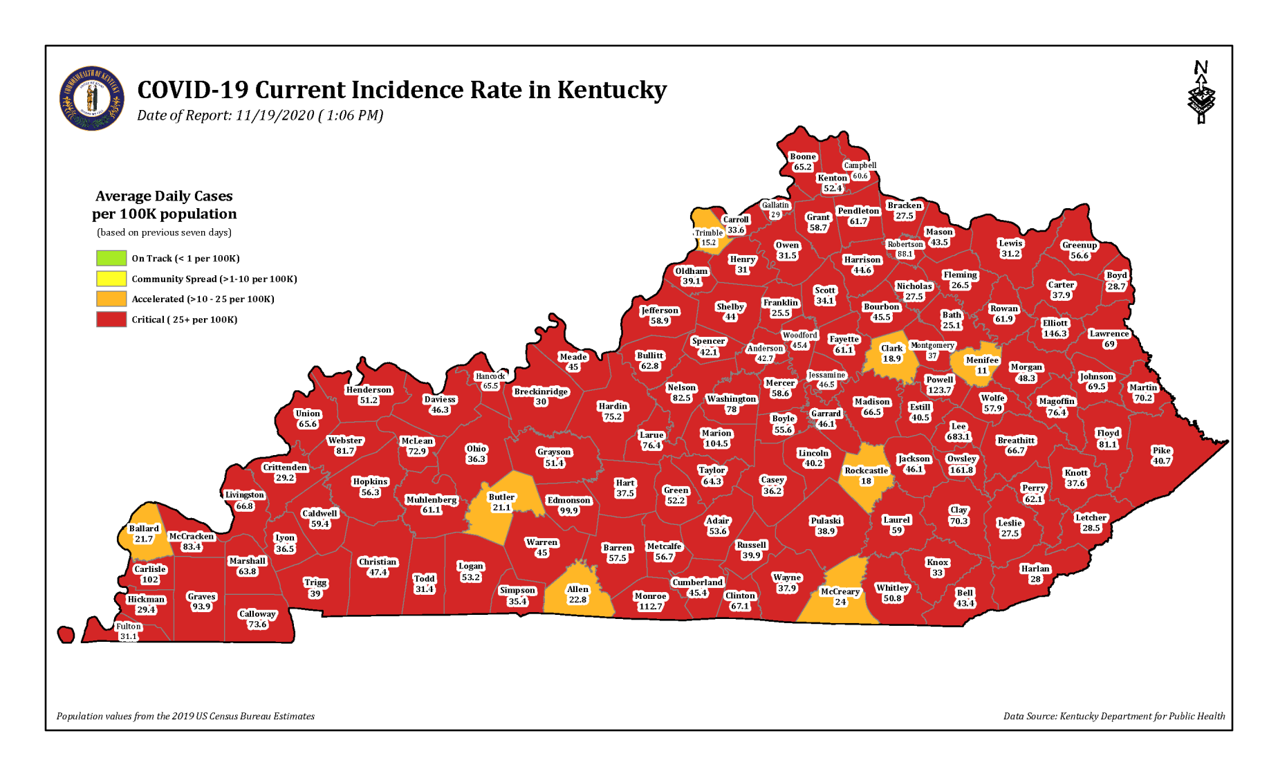 Kentucky COVID-19 red zone map 11/19/20